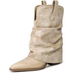 Women's Beige Leather Vintage Retro Mid Calf Chunky Heels Western Cowgirl Boots
